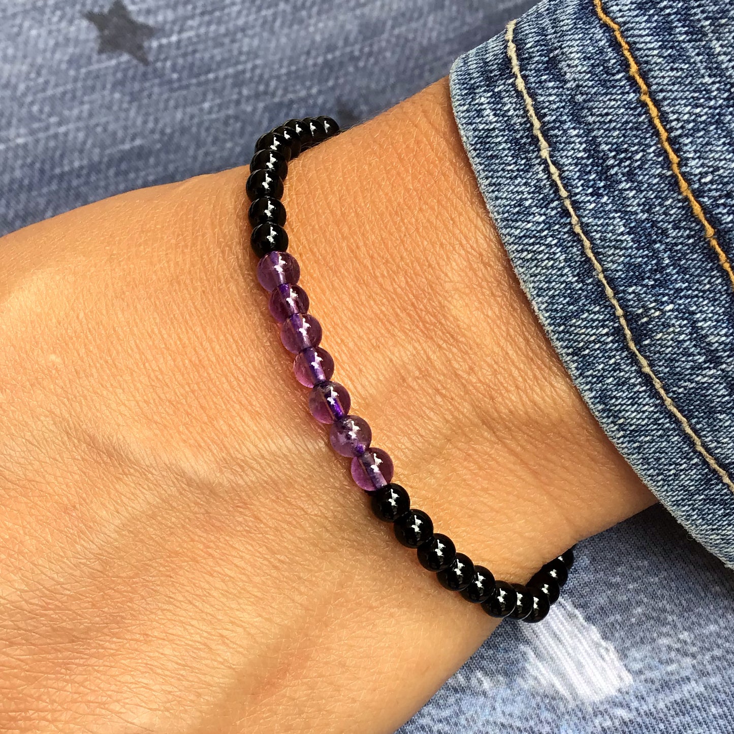 Pulsera amatista con obsidiana negra bolas 4mm