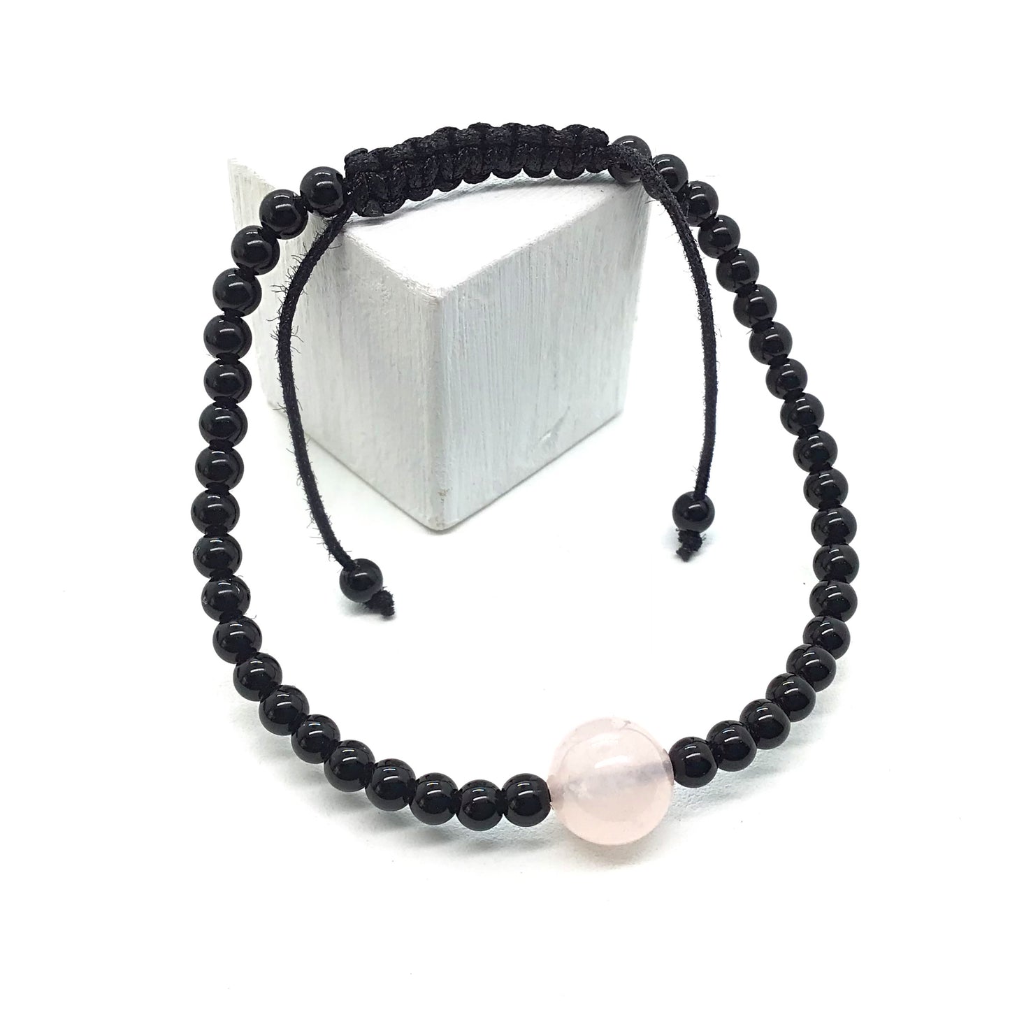 Pulsera cuarzo rosa con obsidiana negra bolas 4mm y macramé