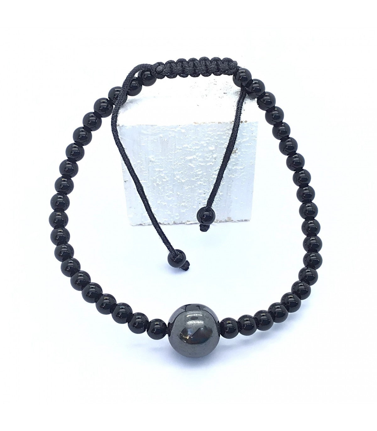 Pulsera hematite con obsidiana negra bolas 4mm y macrame