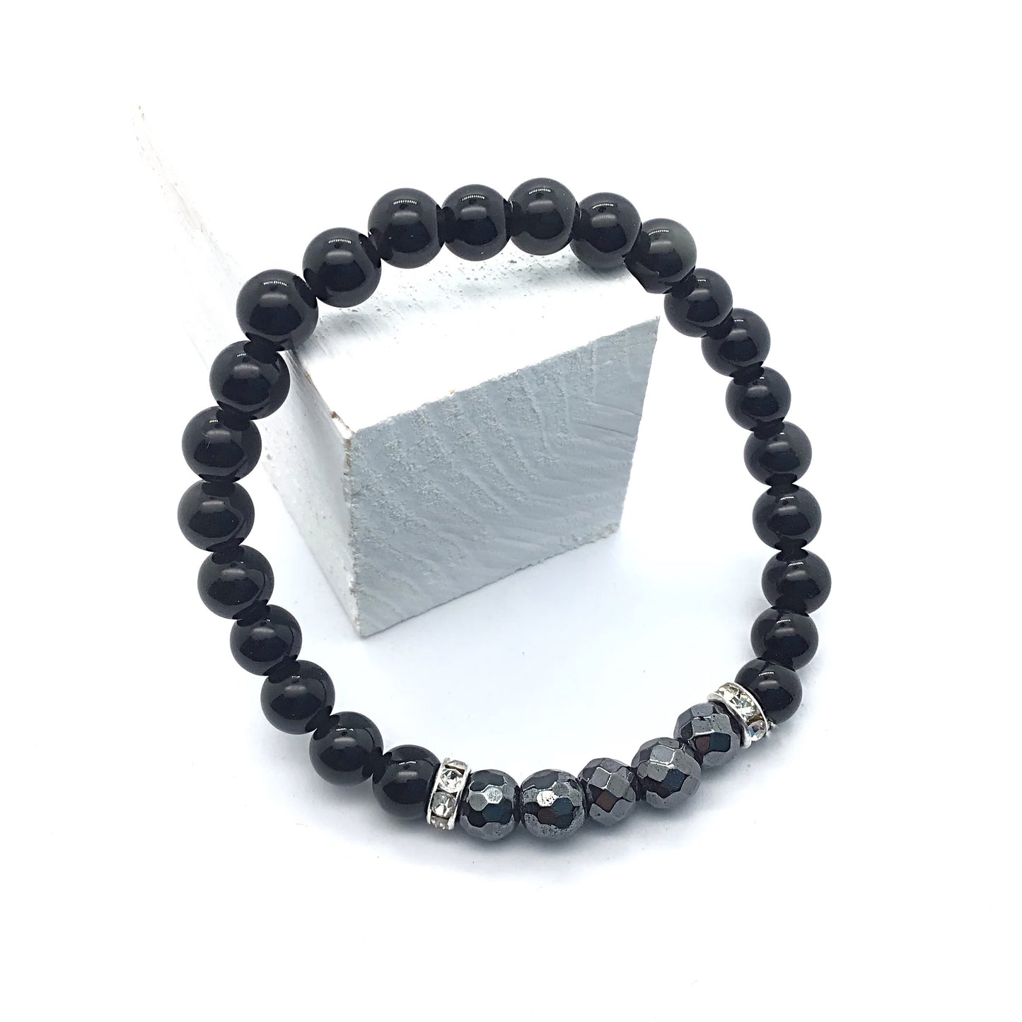 Pulsera hematite facetada con obsidiana negra bolas 6mm