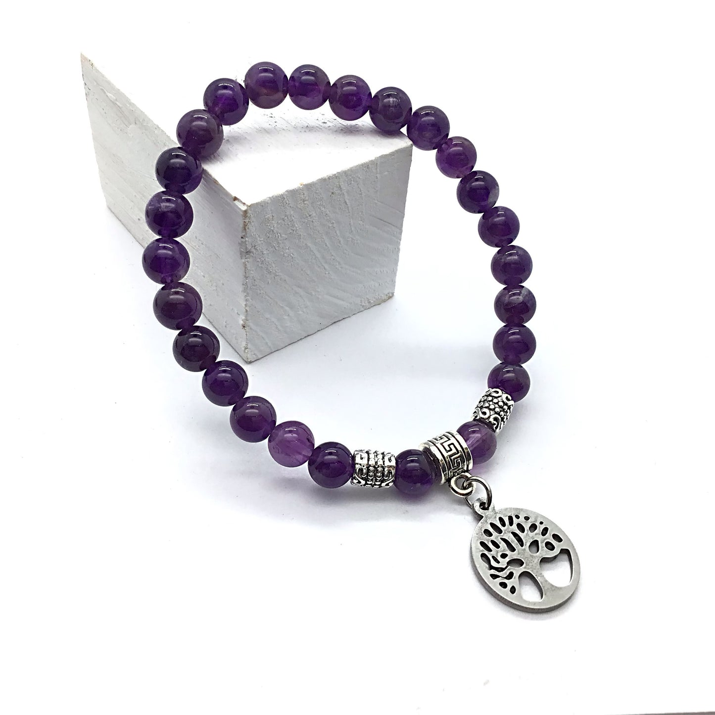 Pulsera amatista bolas 6mm con arbol de la vida