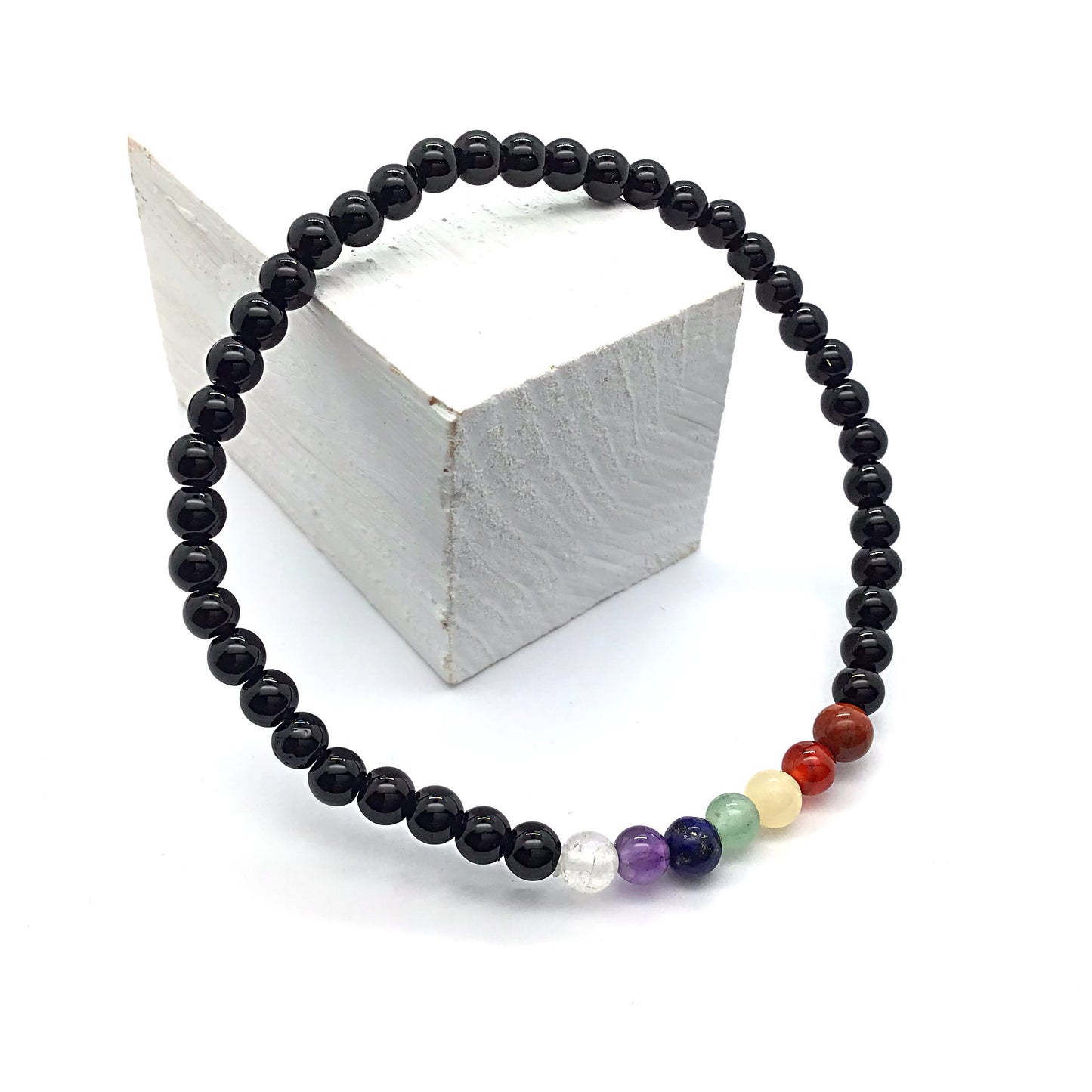 Equilibrio y Protección Energética (pulsera 7 chakras con obisidiana negra bolas 4mm)