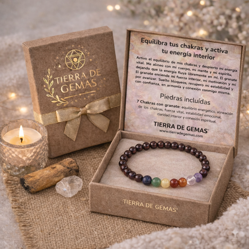 Equilibra tus chakras y activa tu energía interior (pulsera 7 chakras con granate bolas 6mm)