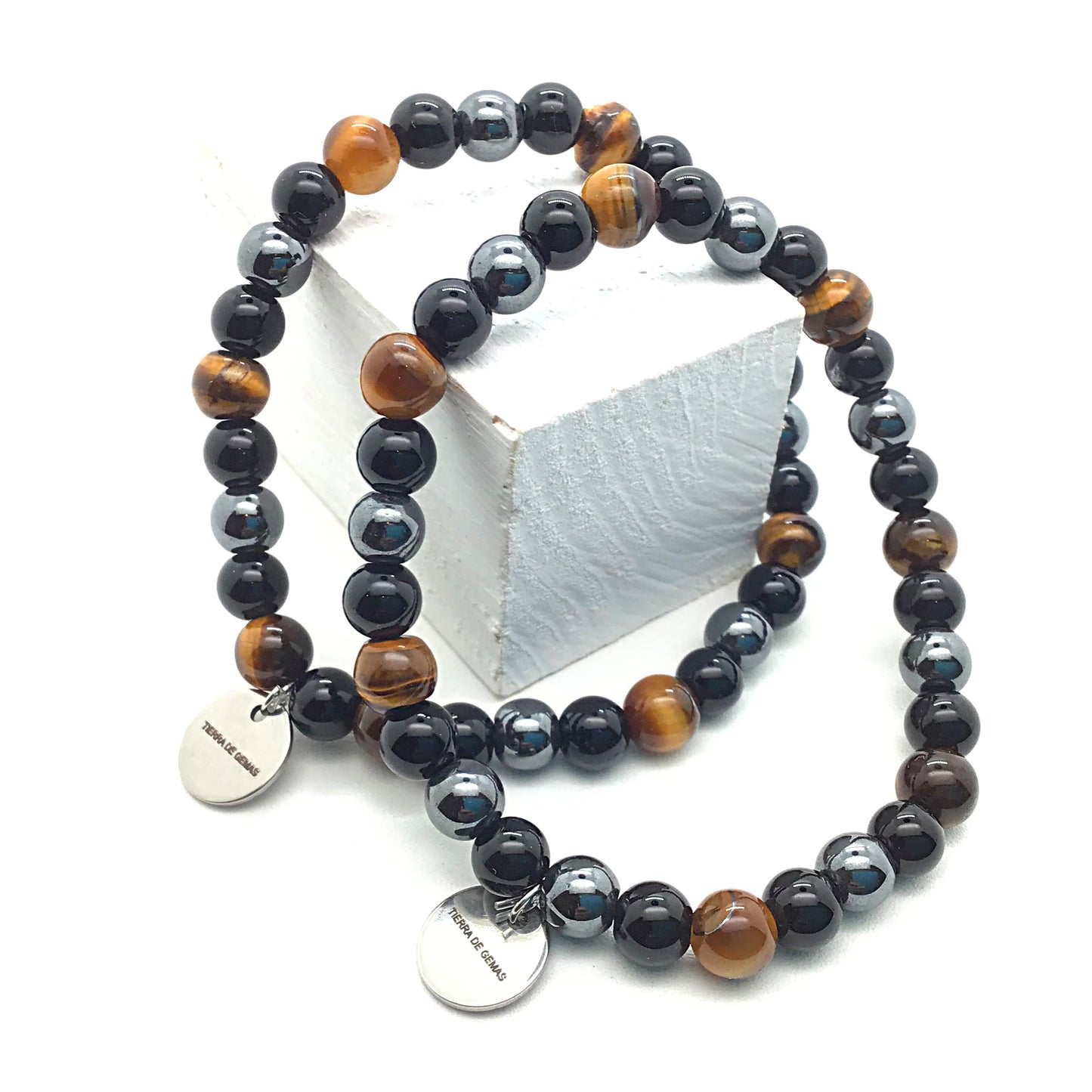 Pack Pareja Pulseras Ojo de tigre, obsidiana y hematite bolas 6mm