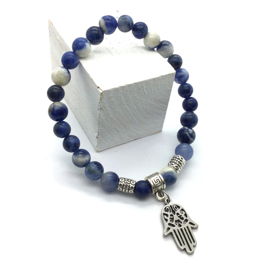 Pulsera sodalita bolas 6mm con mano de fátima