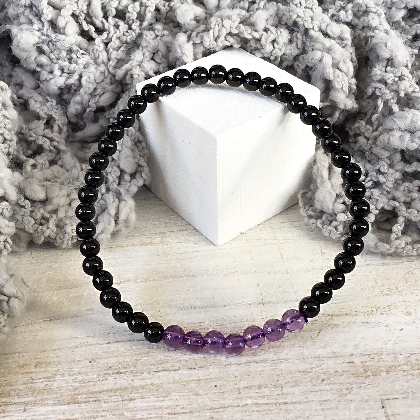 Pulsera amatista con obsidiana negra bolas 4mm