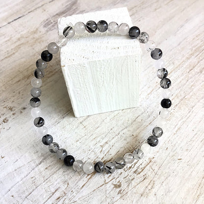 Pulsera cuarzo con turmalina negra bolas 4mm elástica