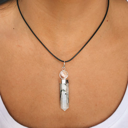 Collar piedra luna punta con bola de cuarzo 3-4 cm