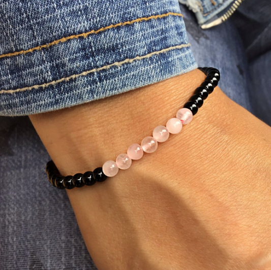 Pulsera cuarzo rosa con obsidiana negra 4mm