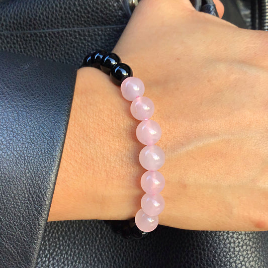 Pulsera cuarzo rosa con obsidiana negra bolas 8mm