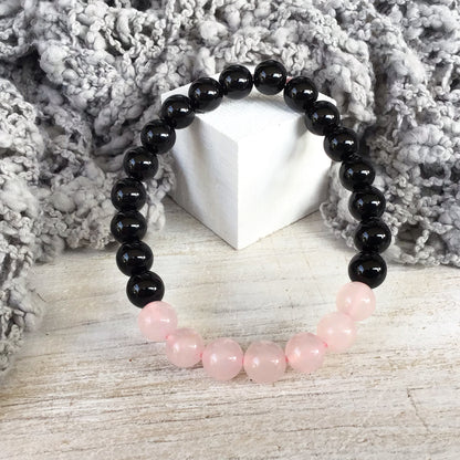 Pulsera cuarzo rosa con obsidiana negra bolas 8mm