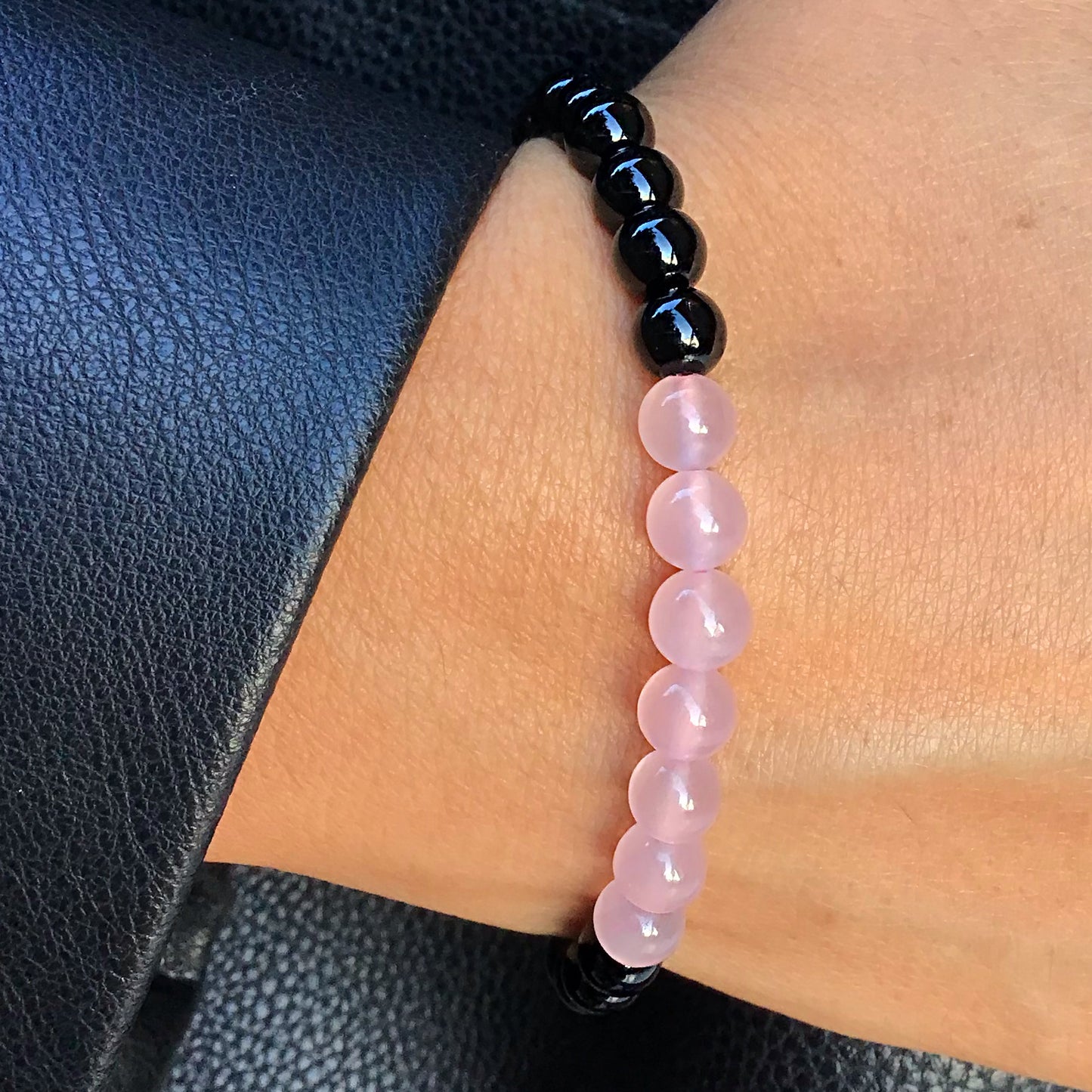 Pulsera cuarzo rosa con obsidiana negra bolas 6mm