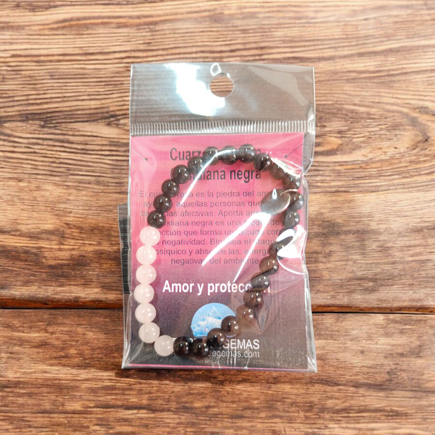 Pulsera cuarzo rosa con obsidiana negra bolas 6mm