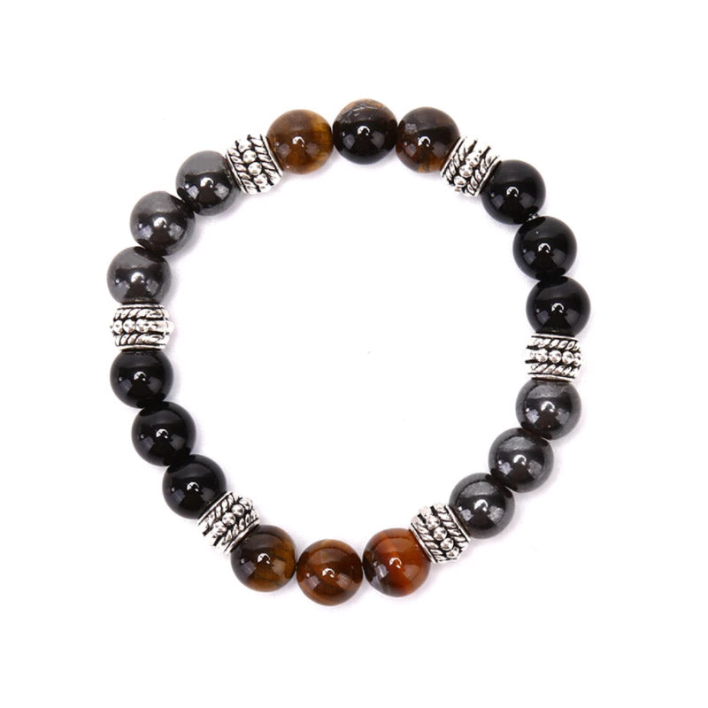 Pulsera hematite con ojo de tigre y obsidiana negra bolas 8mm
