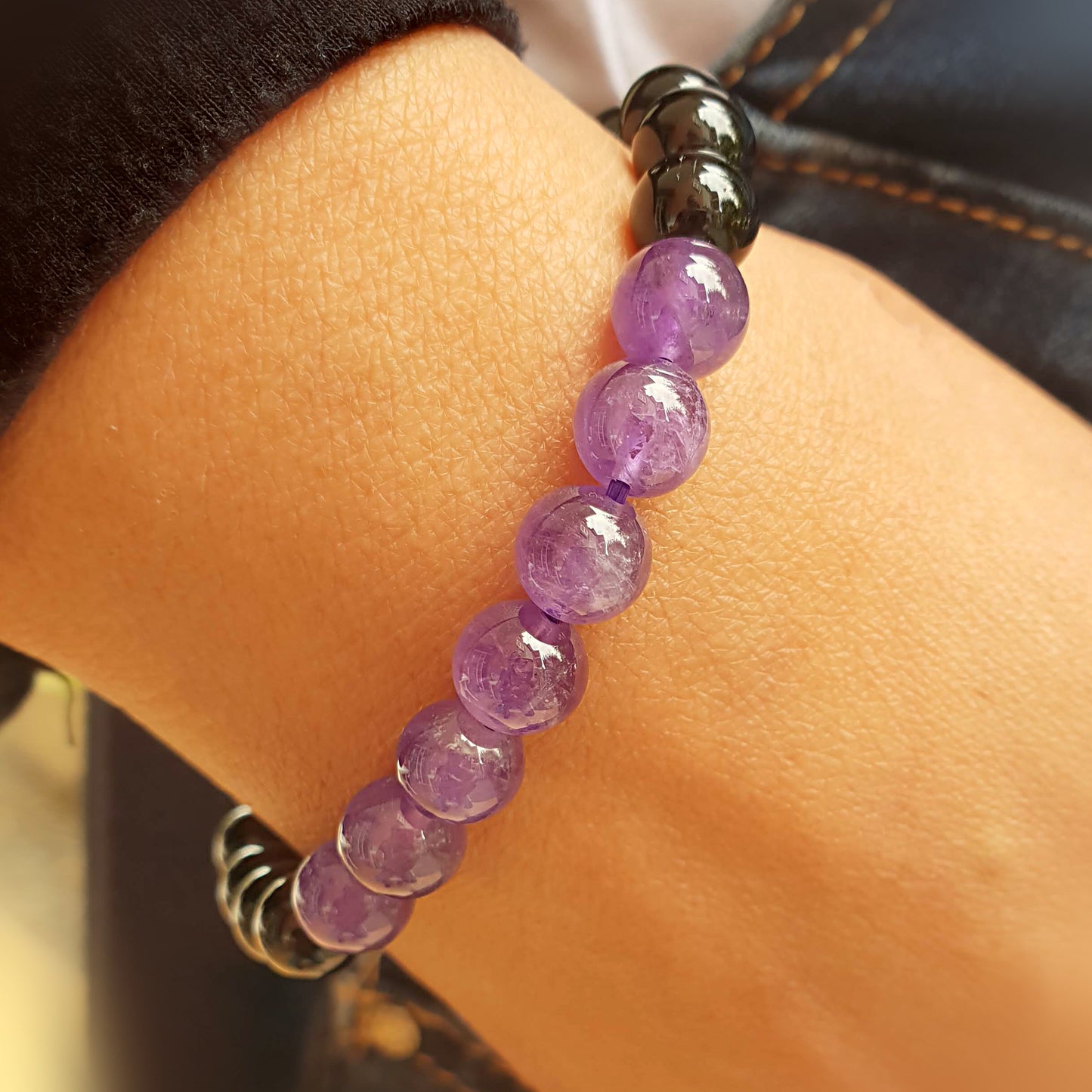 Pulsera amatista con obsidiana negra bolas 8mm