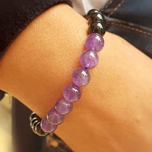 Pulsera amatista con obsidiana negra bolas 8mm