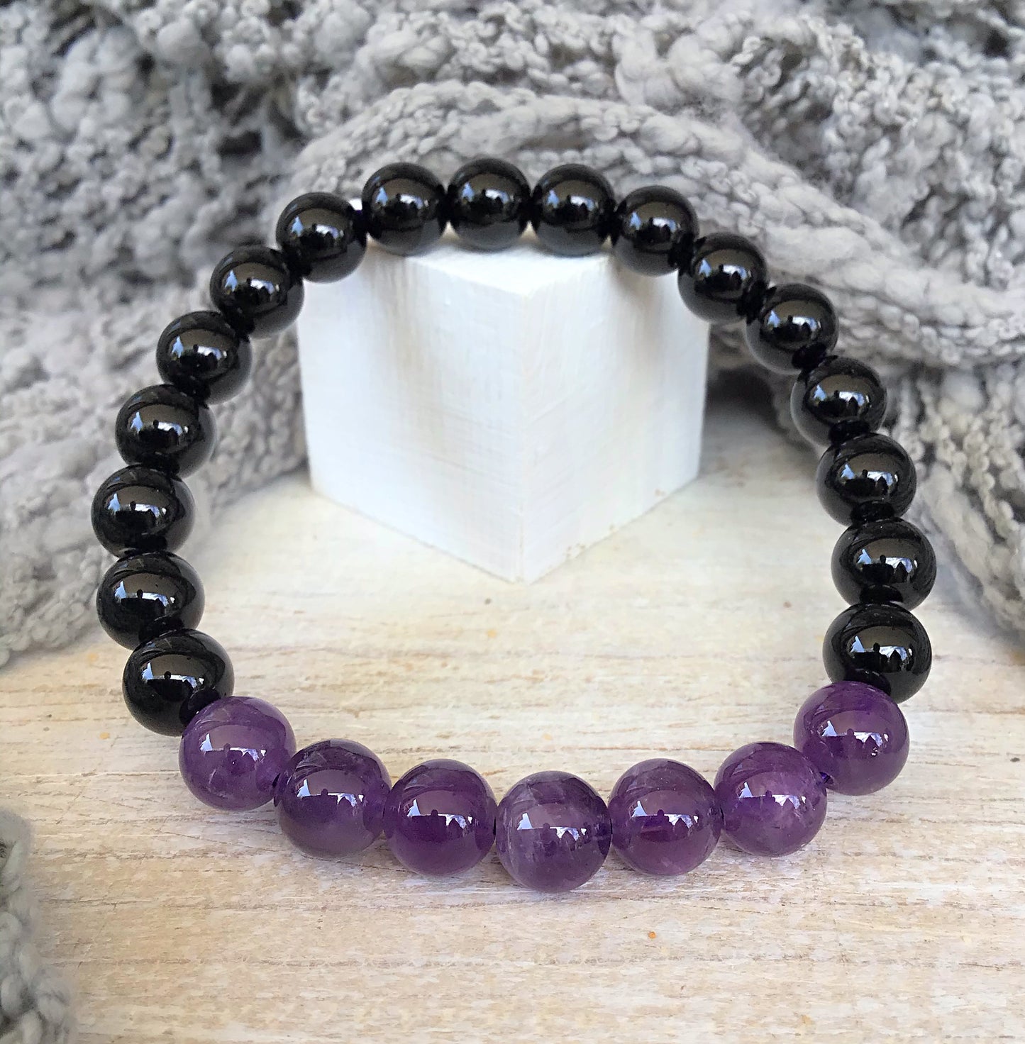 Pulsera amatista con obsidiana negra bolas 8mm