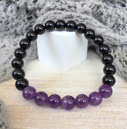 Pulsera amatista con obsidiana negra bolas 8mm