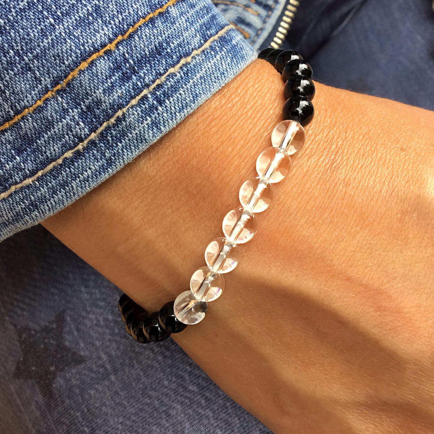 Pulsera cuarzo blanco con obsidiana negra bolas 6mm