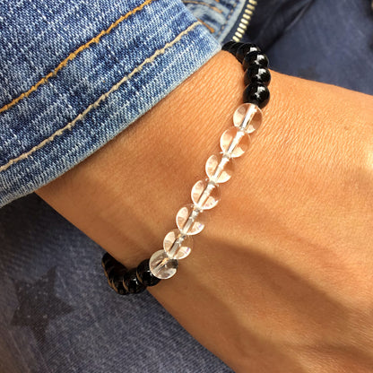 Pulsera cuarzo blanco con obsidiana negra bolas 6mm