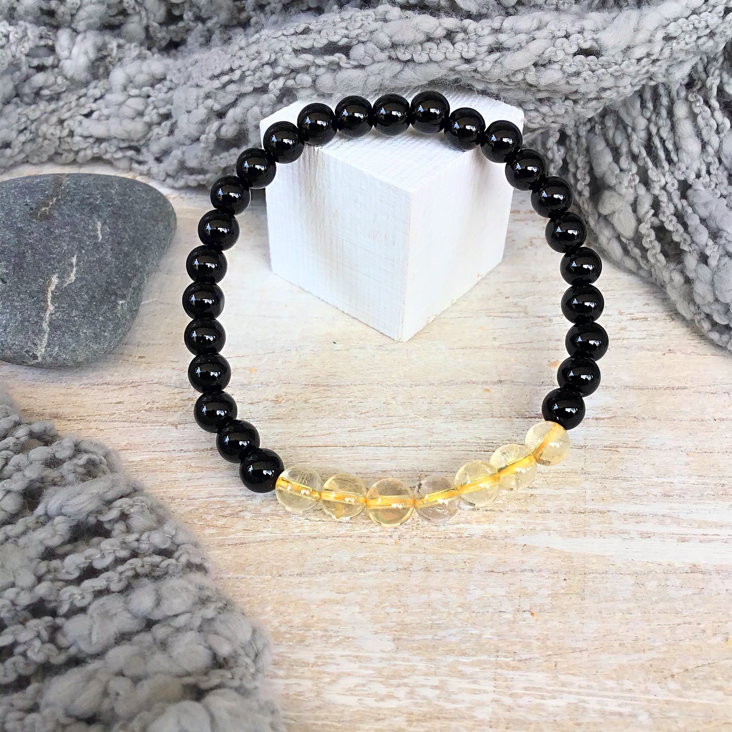 Pulsera Citrino con obsidiana negra bolas 6mm