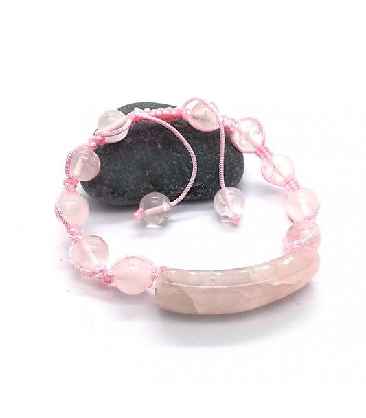 Pulsera cuarzo rosa bolas 8mm con macrame