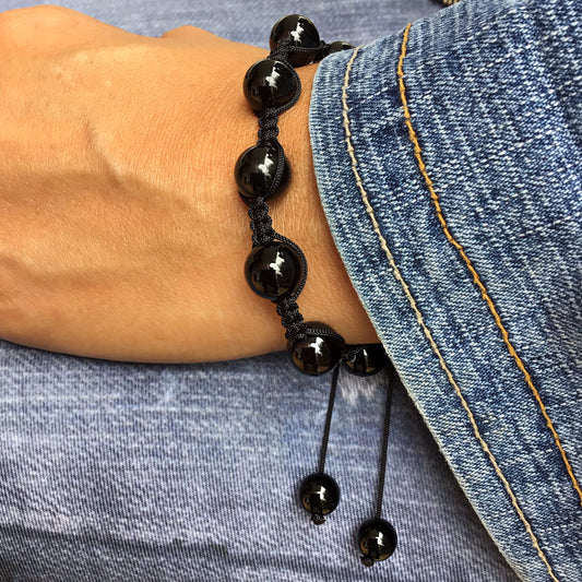 Pulsera agata negra bolas 8mm con macrame