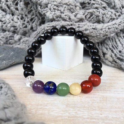 Pulsera 7 chakras con obsidiana negra bolas 8mm