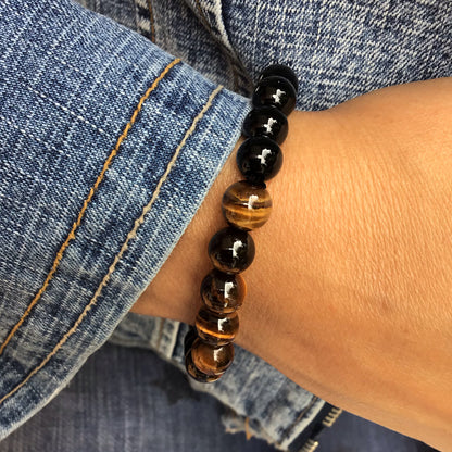 Pulsera Alma Fuerte y  Energía Inquebrantable - Ojo de tigre con obsidiana negra bolas 6mm