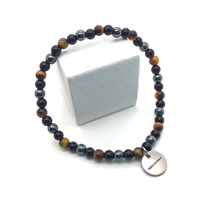Pulsera ojo de tigre, hematite y obsidiana negra bolas 4mm ajustable