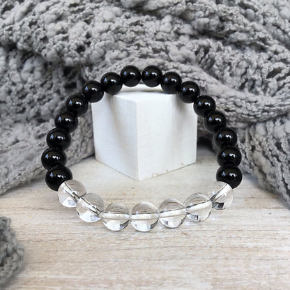 Pulsera cuarzo blanco con obsidiana negra bolas 8mm
