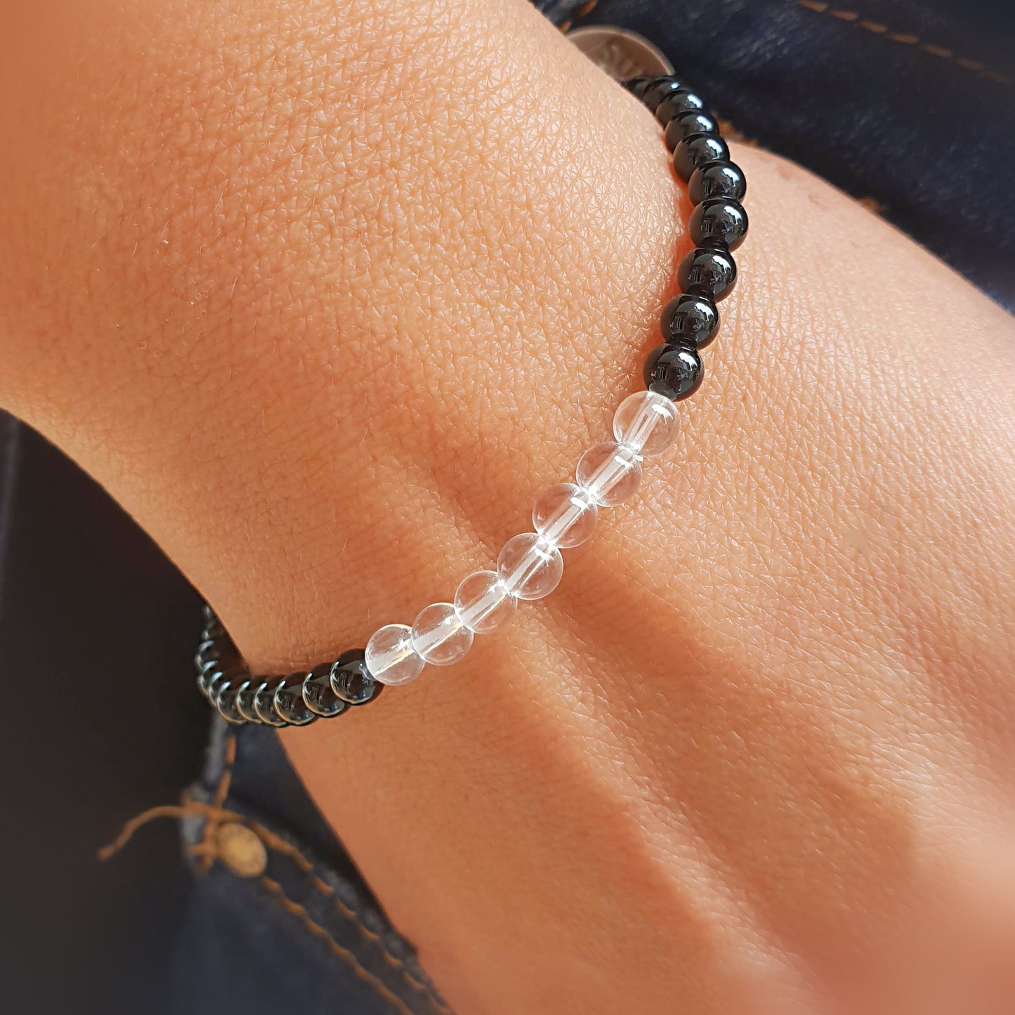 Pulsera cuarzo blanco con obsidiana negra bolas 4mm