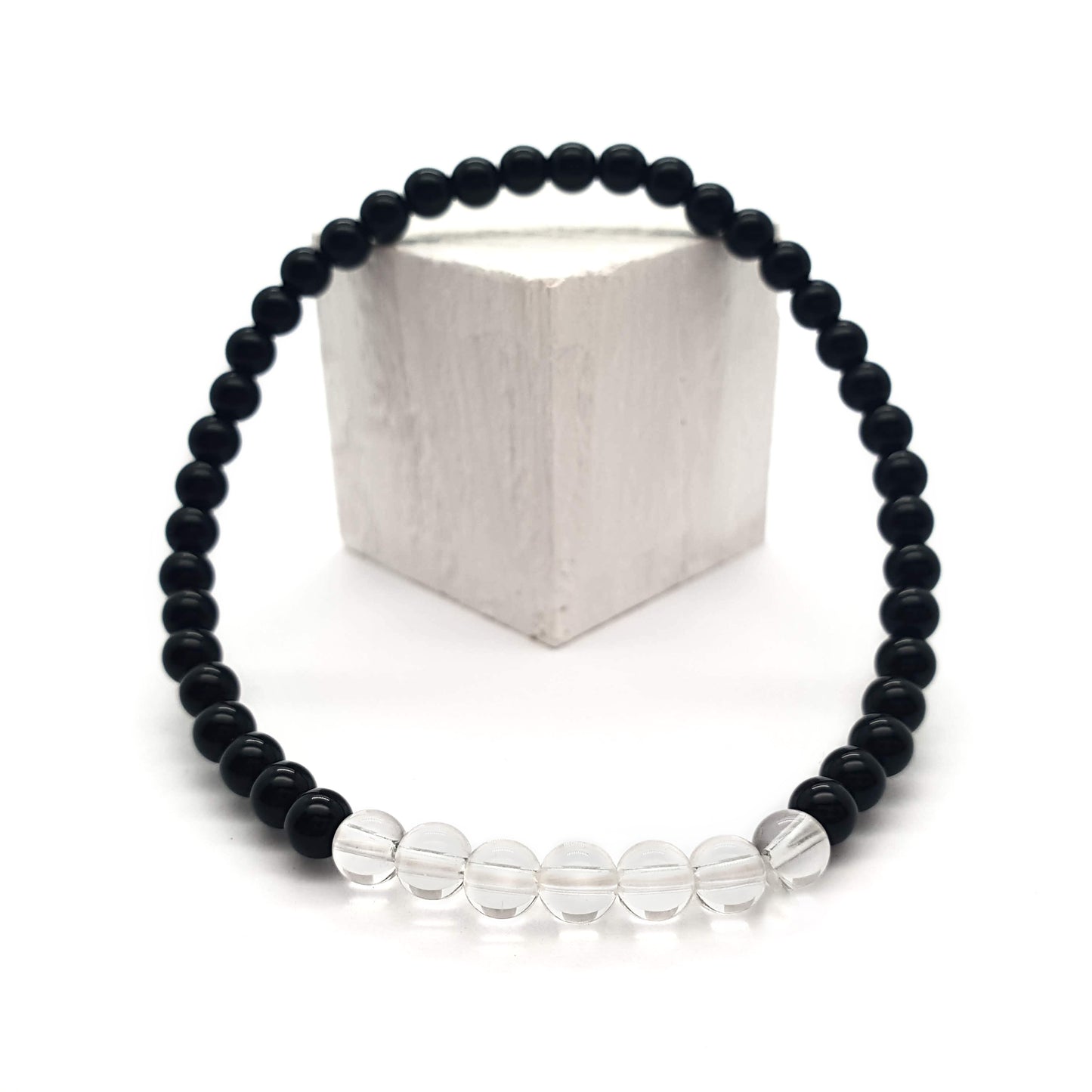 Pulsera cuarzo blanco con obsidiana negra bolas 4mm