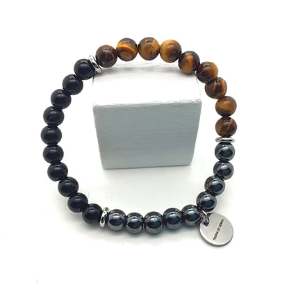 Pulsera ojo de tigre con obsidiana negra y hematite bolas 6mm ajustable
