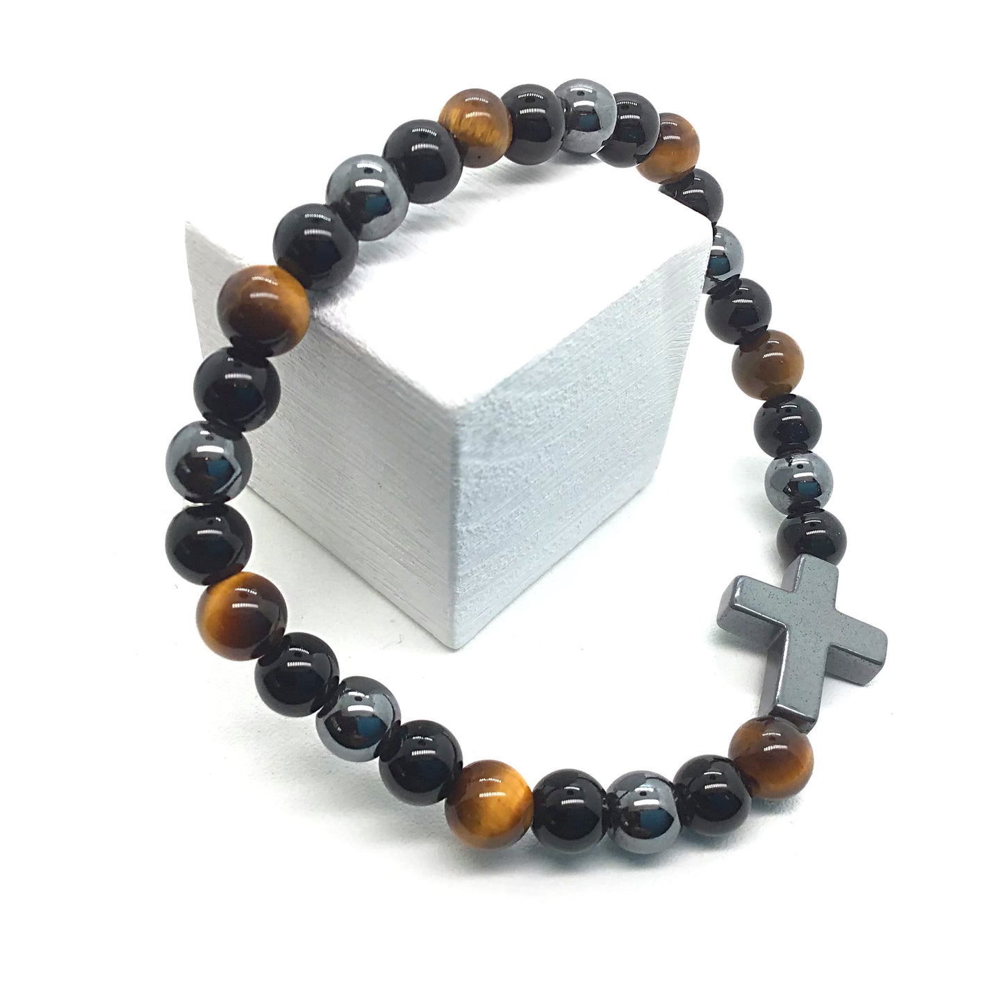 Pulsera ojo de tigre, obsidiana negra y hematite bolas 6mm y cruz