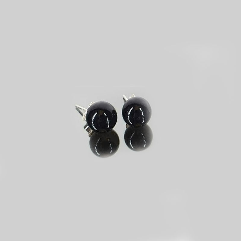 Pendientes obsidiana negra bola en plata