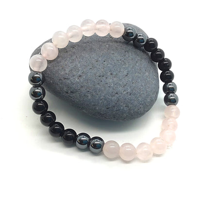 Amor Propio y Protección Energética (pulsera cuarzo rosa con obsidiana negra y hematite bolas 6mm)