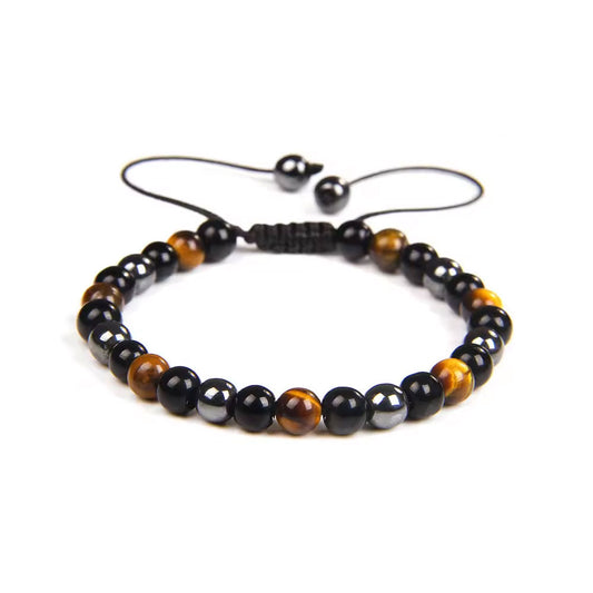 Pulsera Ojo de tigre, obsidiana y hematite bolas 6mm ajustable