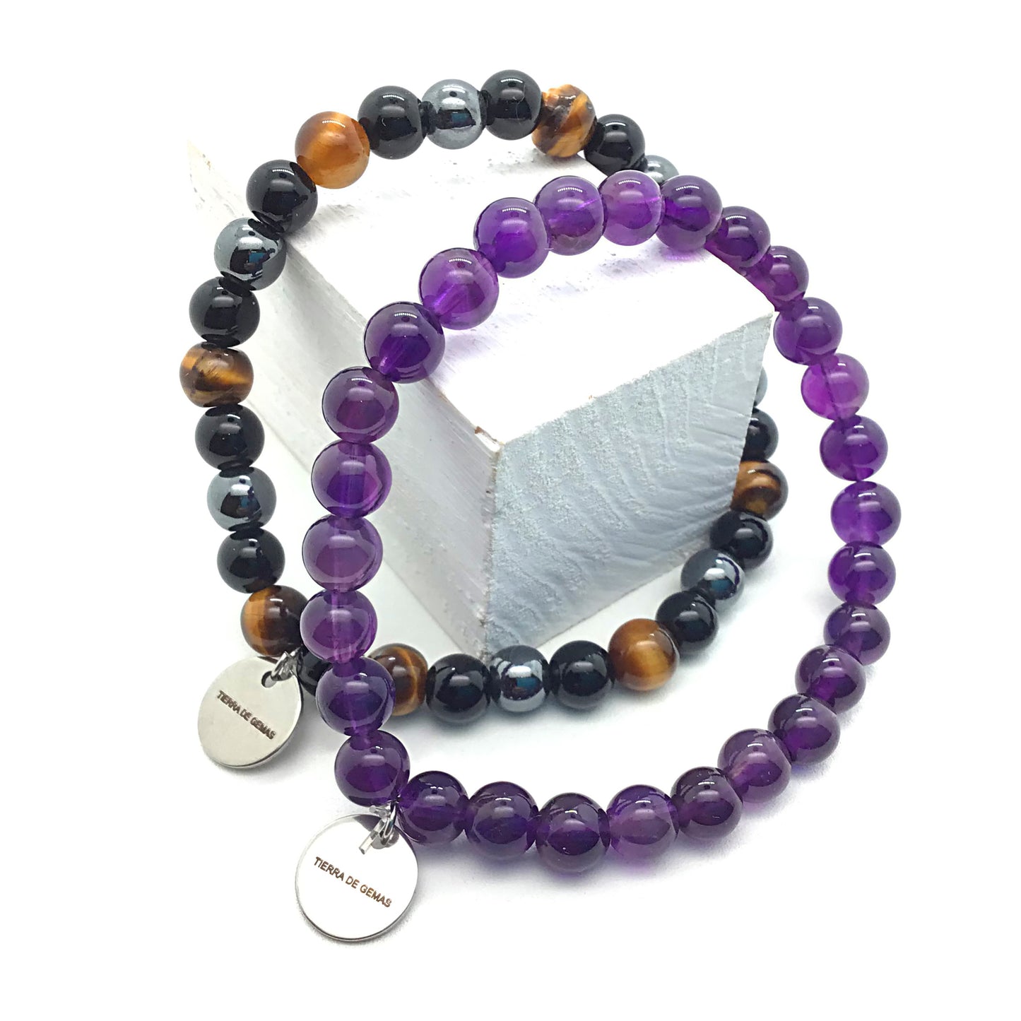 Pack Pareja Pulseras Ojo de tigre, obsidiana y hematite y Amatista bolas 6mm