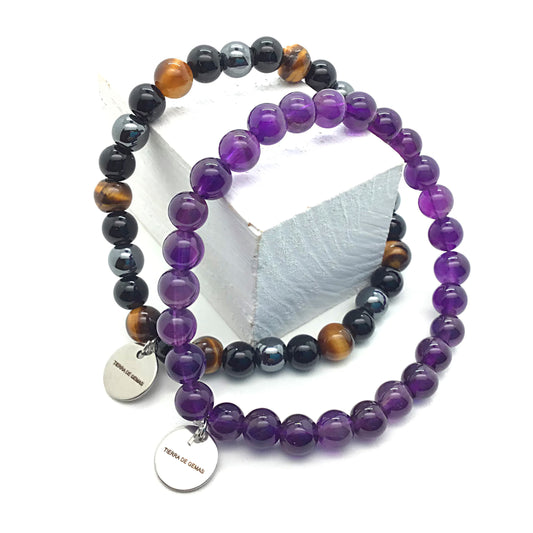 Pack Pareja Pulseras Ojo de tigre, obsidiana y hematite y Amatista bolas 6mm