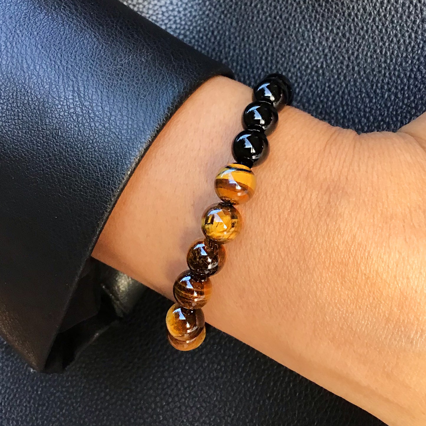 Pulsera ojo de tigre con obsidiana negra bolas 8mm