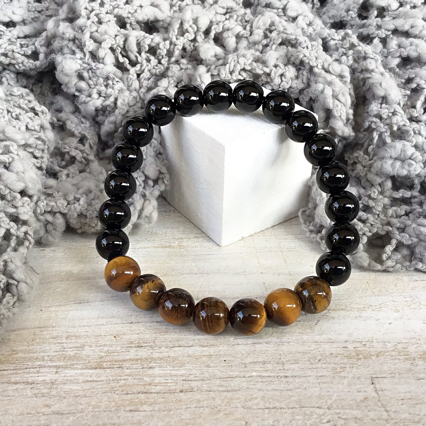 Pulsera ojo de tigre con obsidiana negra bolas 8mm