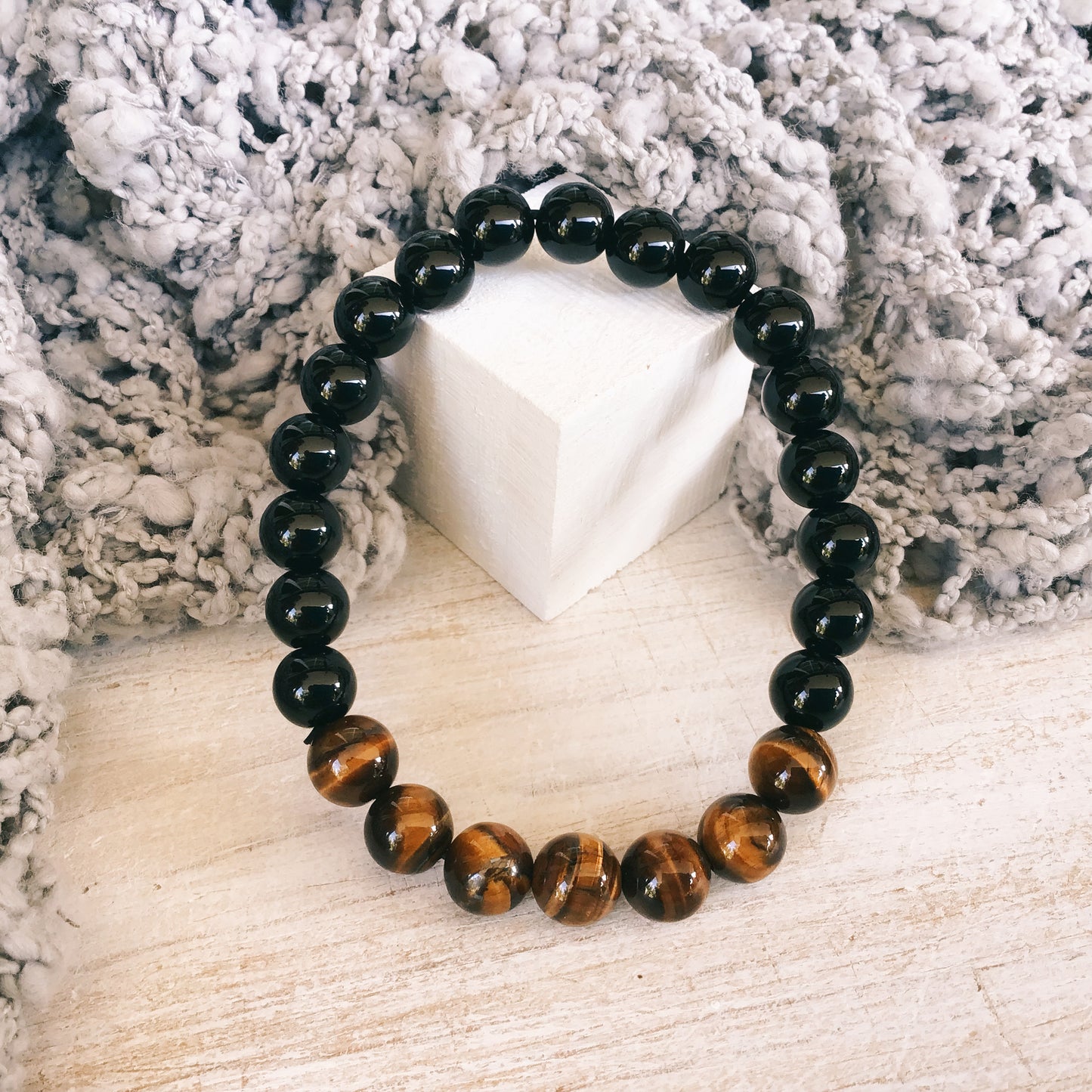 Pulsera ojo de tigre con obsidiana negra bolas 8mm