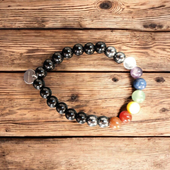 Pulsera 7 chakras con hematite y obsidiana negra bolas 8mm