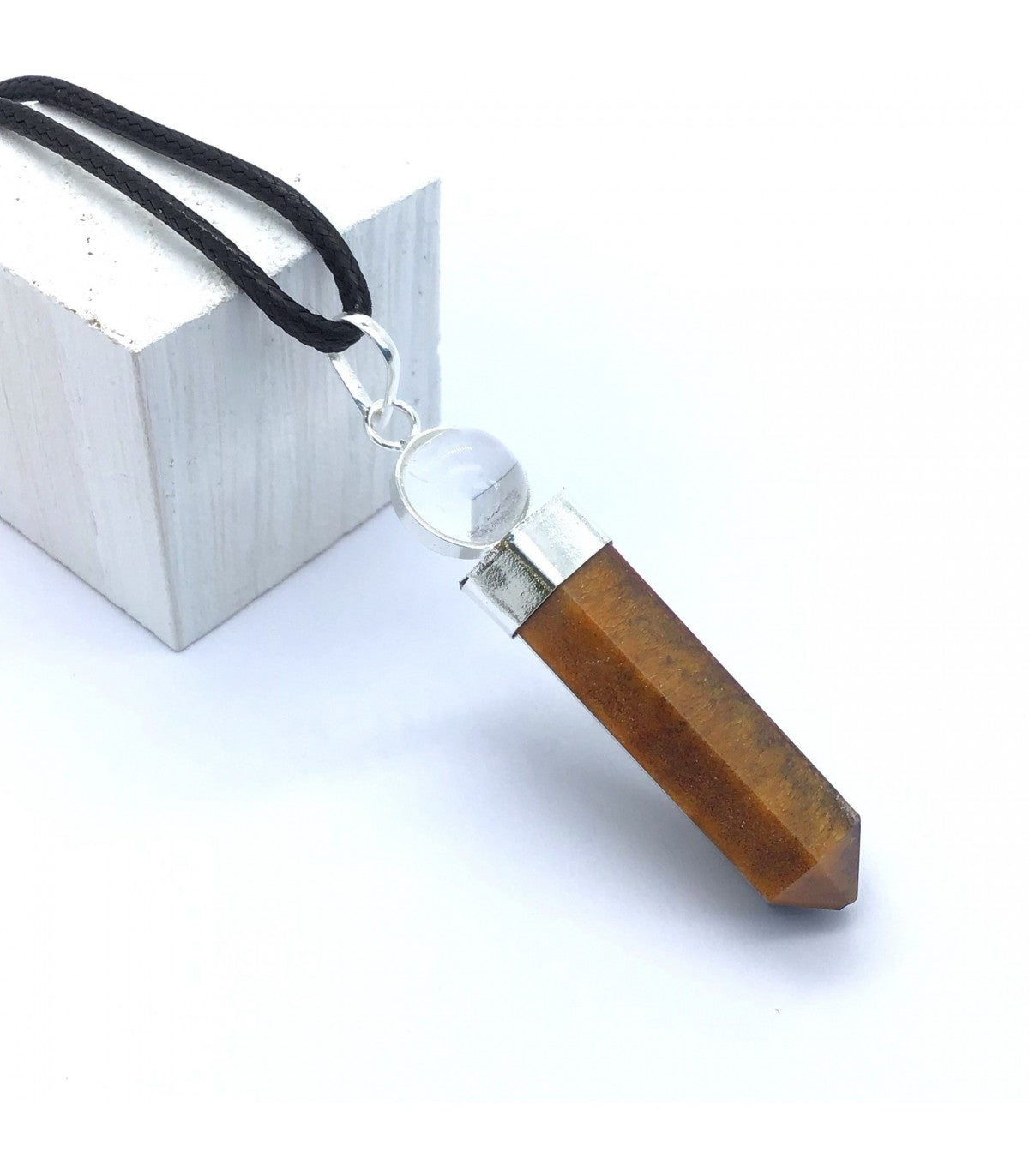 Collar ojo de tigre punta con bola de cuarzo 3-4 cm