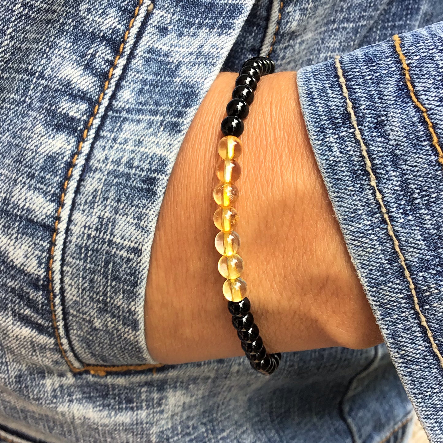 Pulsera Citrino Con Obsidiana negra bolas 4mm