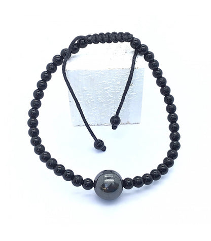 Pulsera hematite con obsidiana negra bolas 4mm y macrame
