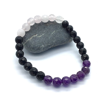 Amor, Calma y Protección (pulsera facetada amatista, cuarzo rosa y obsidiana bolas 6mm)