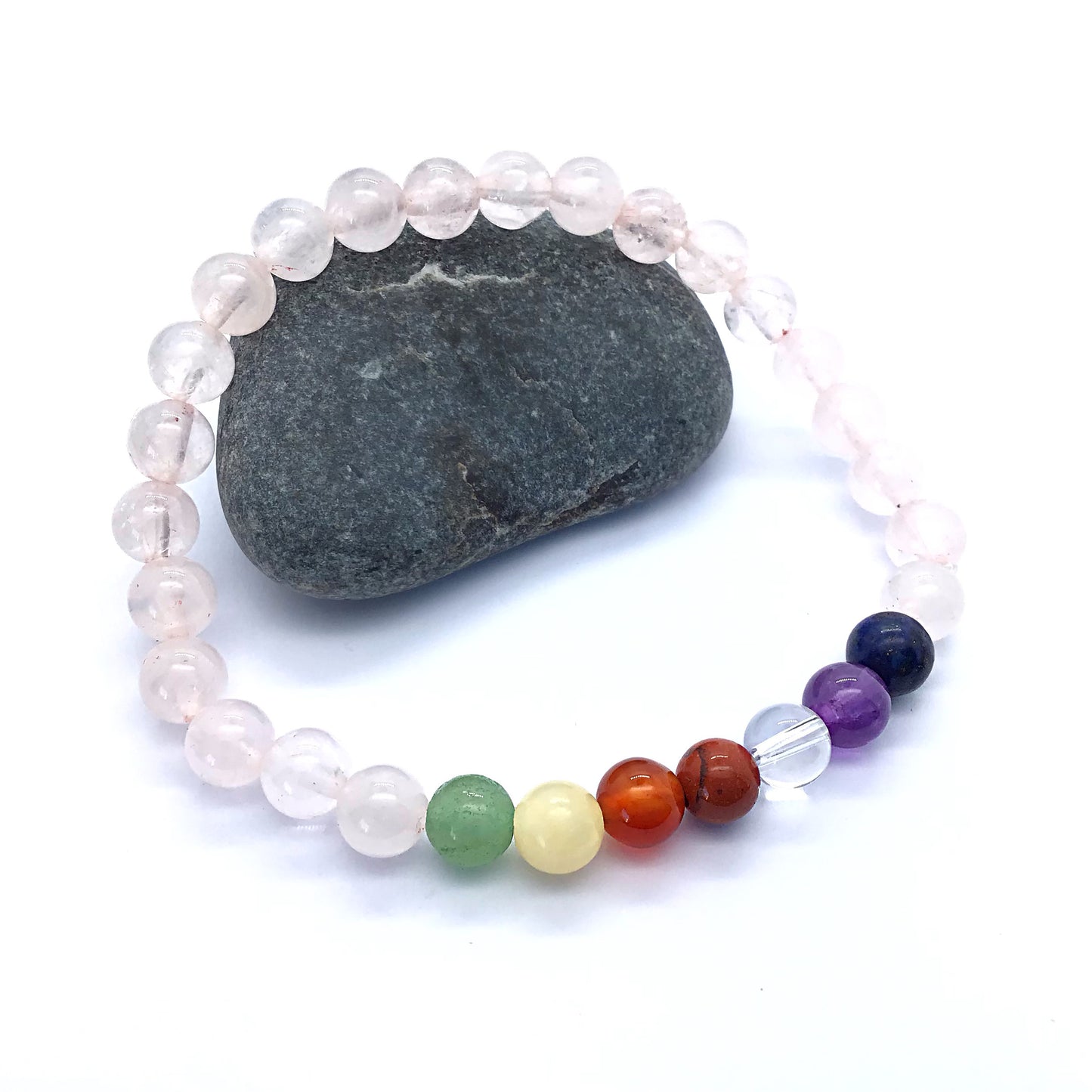 Pulsera 7 chackras con cuarzo rosa bolas 6mm