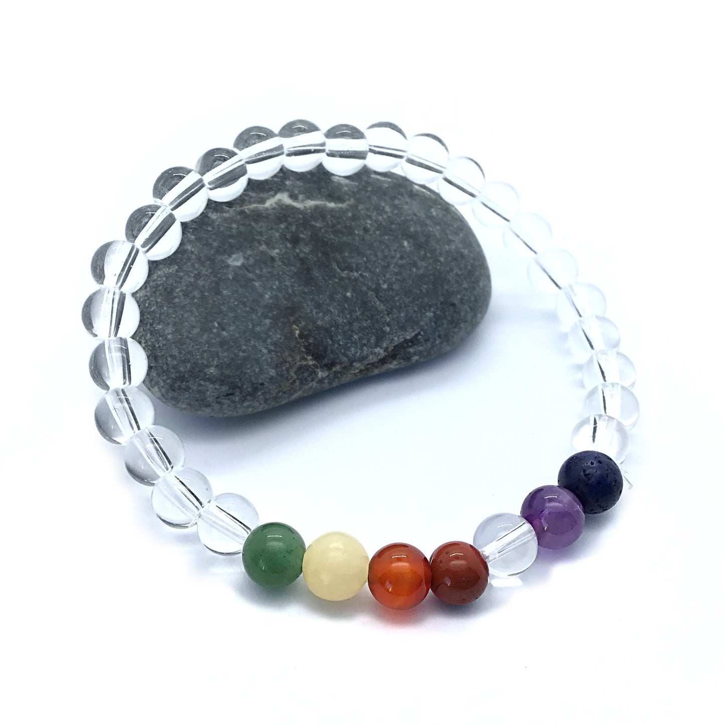 Pulsera 7 chackras con cuarzo blanco bolas 6mm